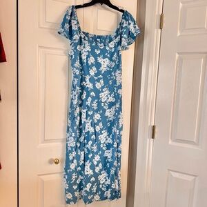 Flutter-Sleeve Crepe Midi Dress, blue with white floral, size XL NWT